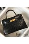 Hermes Kelly Mini II Bag In Black Embossed Crocodile Leather Replica