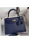 Hermes Kelly Sellier 25 Handmade Bag In Blue Iris Ostrich Leather Replica
