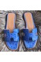 Hermes Oran Sandals In Blue Hydra Ostrich Leather Replica