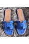 Hermes Oran Sandals In Blue Hydra Ostrich Leather Replica