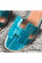 Hermes Oran Sandals In Blue Paon Shiny Niloticus Crocodile Replica