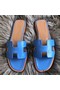 Hermes Oran Sandals In Blue Swift Leather Replica