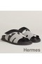 Hermes Women's Chypre Sandals In Canvas with Black Leather Replica