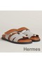 Hermes Women's Chypre Sandals In Canvas with Brown Leather Replica
