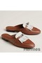 Hermes Women's Oz Mules with Fringed in Brown/White Leather Replica