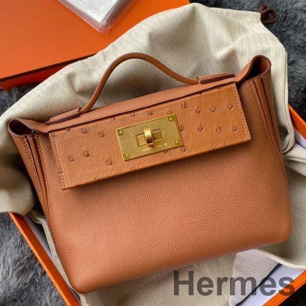Hermes 24/24 Mini 21 Touch Bag in Gold Evercolor and Ostrich Leather Replica