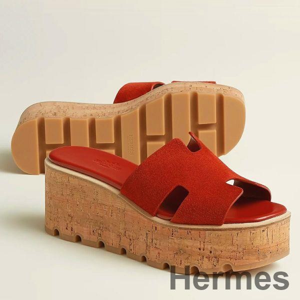 Hermes Eze 30 Cork Platform Sandals in Piment Suede Leather Replica