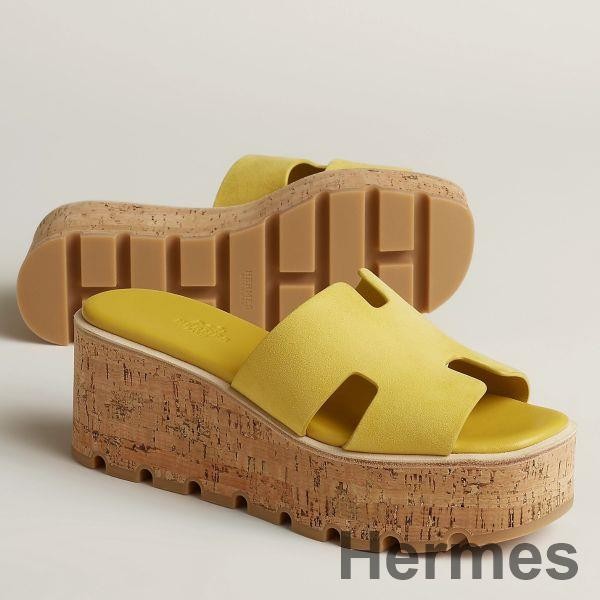 Hermes Eze 30 Cork Platform Sandals in Yellow Suede Leather Replica