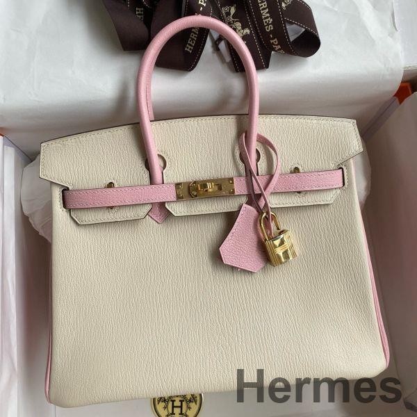 Hermes HSS Birkin 25 Bicolor Bag in Craie and Pink Chevre Mysore Leather Replica