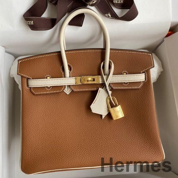 Hermes HSS Birkin 25 Bicolor Bag in Gold and Craie Clemence Leather Replica