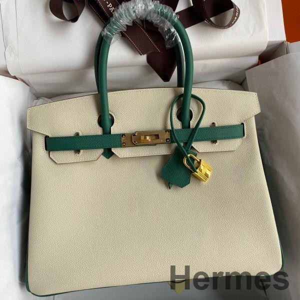 Hermes HSS Birkin 30 Bicolor Bag in Craie and Malachite Epsom Calfskin Replica