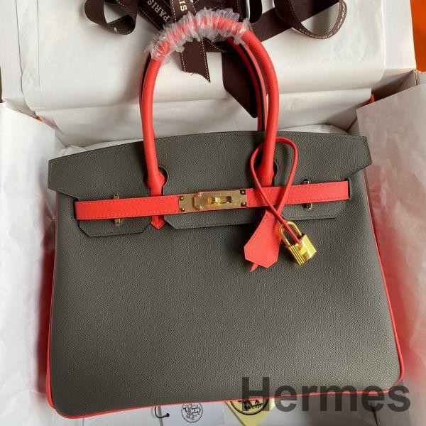 Hermes HSS Birkin 30 Bicolor Bag in Etain and Piment Epsom Calfskin Replica