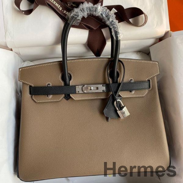 Hermes HSS Birkin 30 Bicolor Bag in Taupe and Black Epsom Calfskin Replica