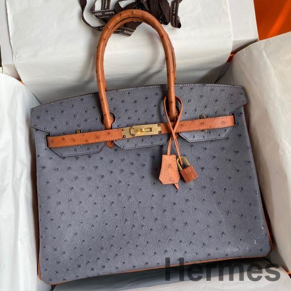 Hermes HSS Birkin 35 Bicolor Bag in Gris Agate and Gold Ostrich Leather Replica