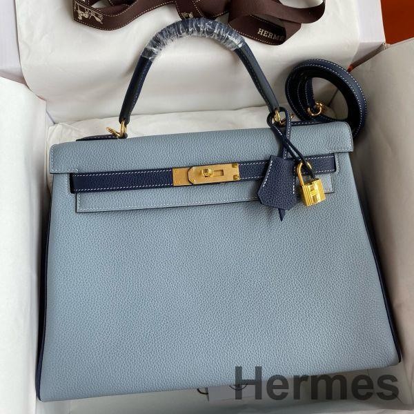 Hermes HSS Kelly 32 Bicolor Bag in Blue Lin and Blue Clemence Leather Replica
