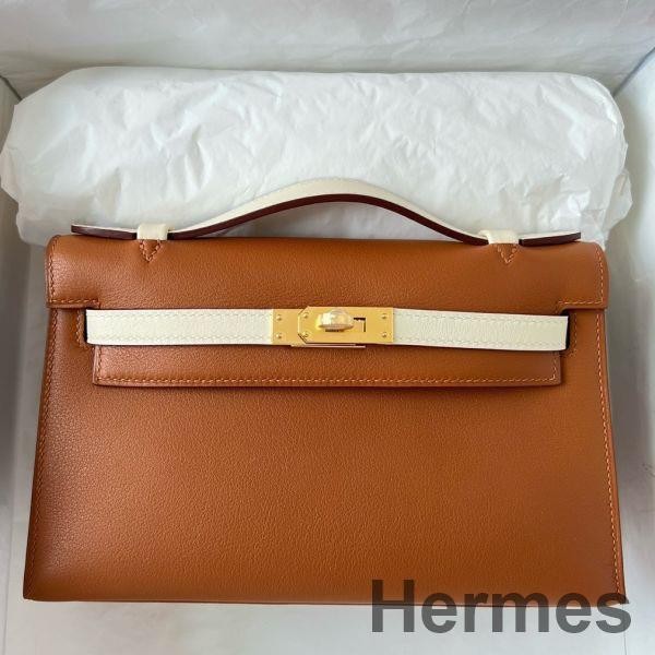 Hermes HSS Kelly Pochette Bicolor Bag in Gold and Craie Swift Calfskin Replica