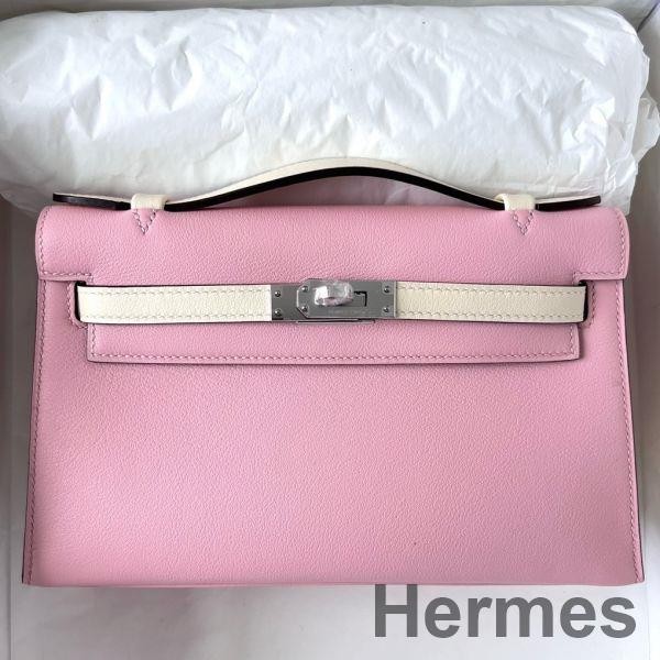 Hermes HSS Kelly Pochette Bicolor Bag in Pink and Craie Swift Calfskin Replica