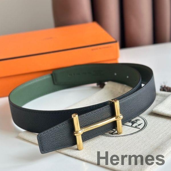 Hermes H d'Ancre Reversible Belt 32MM in Black and Green Epsom Calfskin Replica