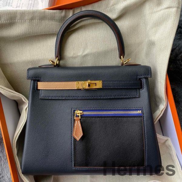 Hermes Kelly Colormatic 25 Handmade Bag in Blue Nuit Swift Leather Replica