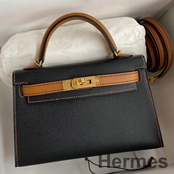 Hermes Kelly Mini II Sellier Bicolor Handmade Bag in Black and Gold Epsom Calfskin Replica
