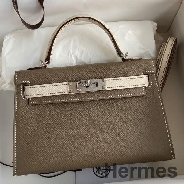 Hermes Kelly Mini II Sellier Bicolor Handmade Bag in Taupe and Craie Epsom Calfskin Replica