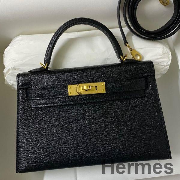 Hermes Kelly Mini II Sellier Handmade Bag In Black Chevre Mysore Leather Replica