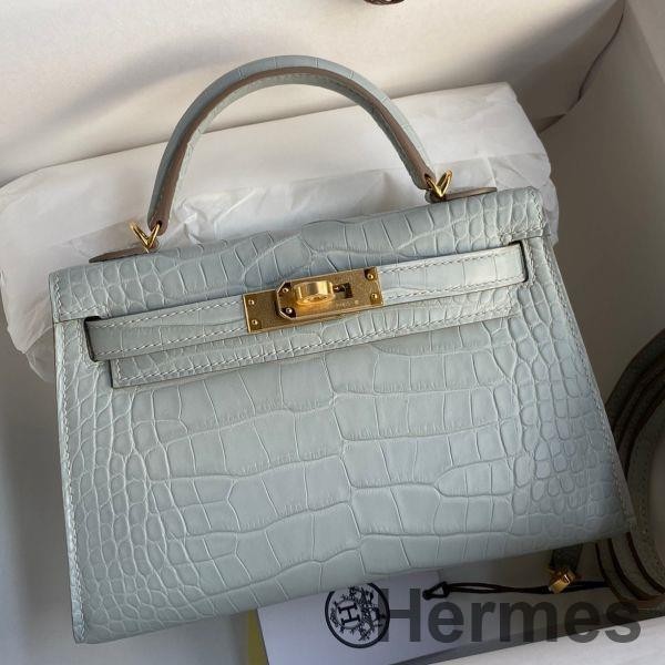 Hermes Kelly Mini II Sellier Handmade Bag In Blue Glacier Matte Alligator Leather Replica