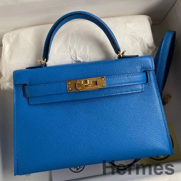 Hermes Kelly Mini II Sellier Handmade Bag In Blue Hydra Chevre Mysore Leather Replica