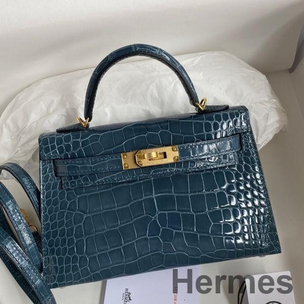 Hermes Kelly Mini II Sellier Handmade Bag In Blue Jean Shiny Alligator Leather Replica