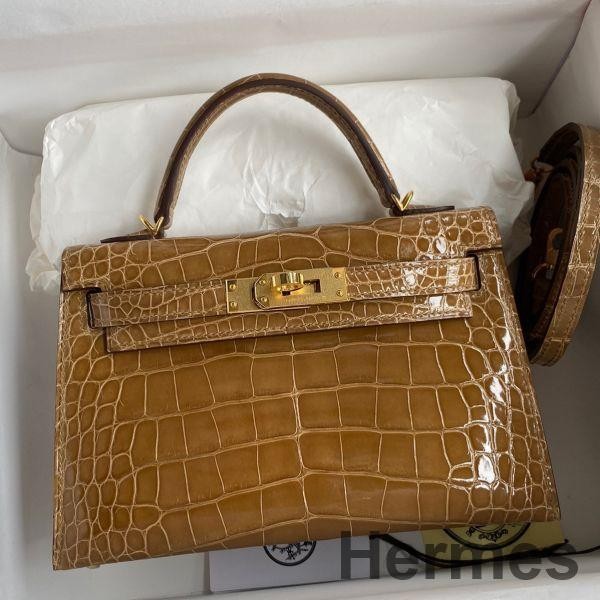 Hermes Kelly Mini II Sellier Handmade Bag In Ficelle Shiny Alligator Leather Replica