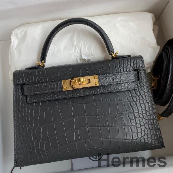 Hermes Kelly Mini II Sellier Handmade Bag In Graphite Matte Alligator Leather Replica