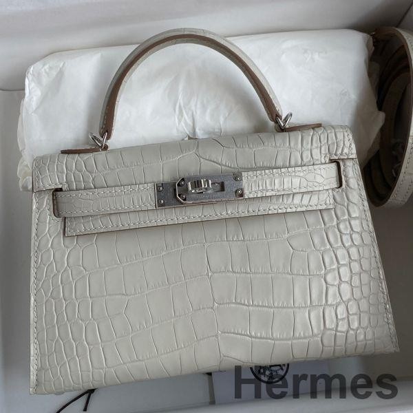 Hermes Kelly Mini II Sellier Handmade Bag In Grey Matte Alligator Leather Replica