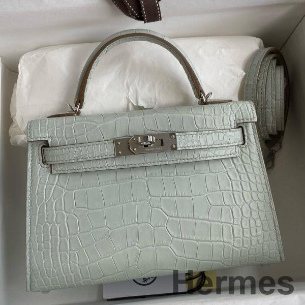 Hermes Kelly Mini II Sellier Handmade Bag In Gris Neve Matte Alligator Leather Replica