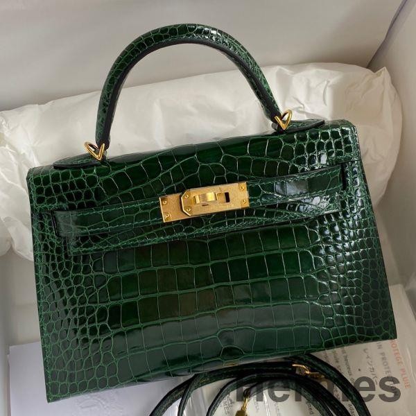 Hermes Kelly Mini II Sellier Handmade Bag In Malachite Shiny Alligator Leather Replica