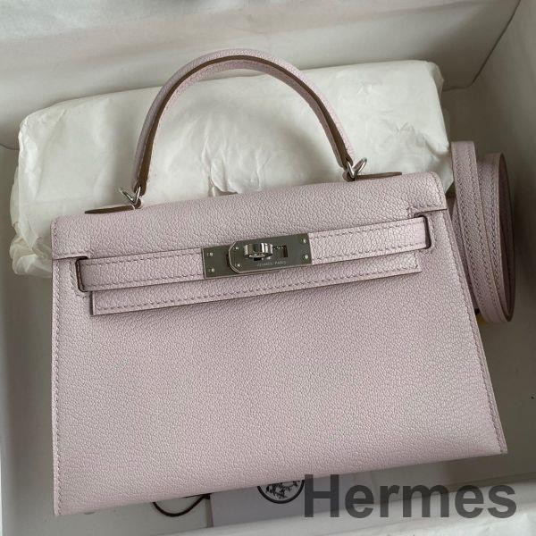Hermes Kelly Mini II Sellier Handmade Bag In Mauve Pale Chevre Mysore Leather Replica