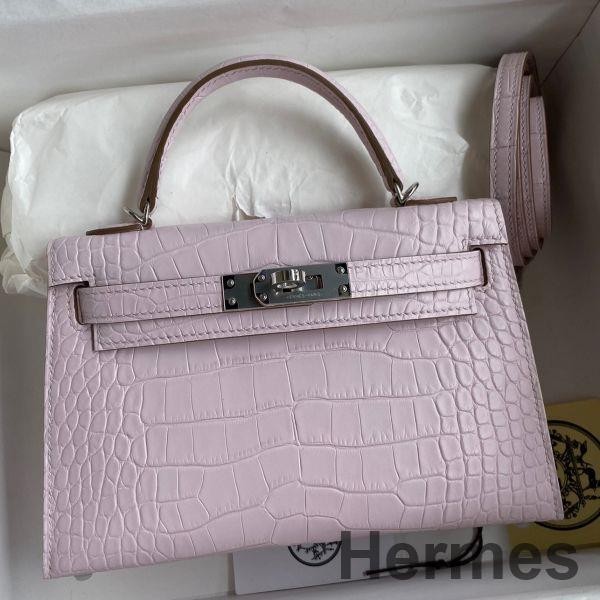 Hermes Kelly Mini II Sellier Handmade Bag In Mauve Pale Matte Alligator Leathe Replica