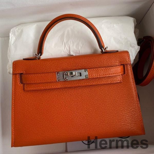 Hermes Kelly Mini II Sellier Handmade Bag In Orange Chevre Mysore Leather Replica