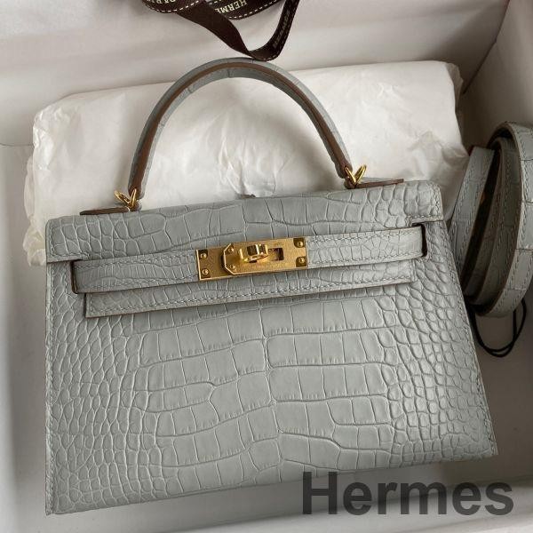 Hermes Kelly Mini II Sellier Handmade Bag In Pearl Grey Matte Alligator Leather Replica
