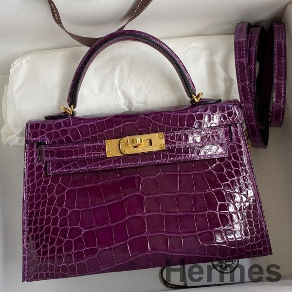 Hermes Kelly Mini II Sellier Handmade Bag In Purple Shiny Alligator Leather Replica