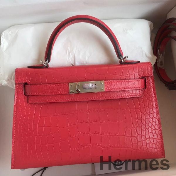 Hermes Kelly Mini II Sellier Handmade Bag In Rose Extreme Matte Alligator Leather Replica
