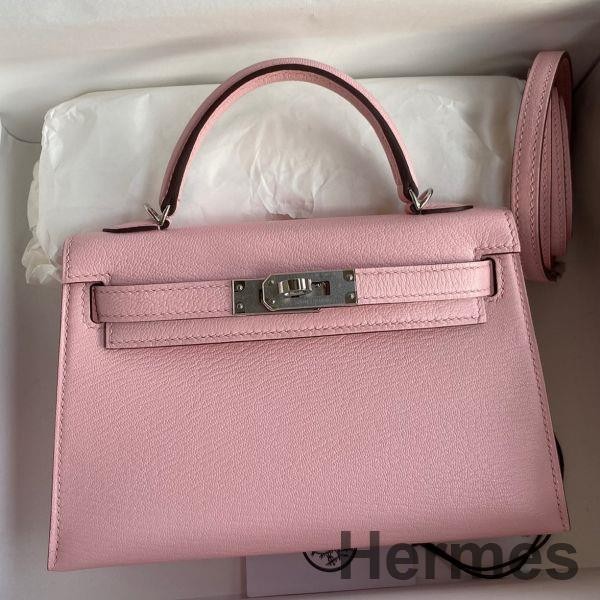 Hermes Kelly Mini II Sellier Handmade Bag In Rose Sakura Chevre Mysore Leather Replica