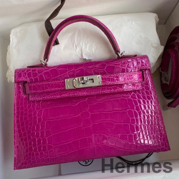 Hermes Kelly Mini II Sellier Handmade Bag In Rose Scheherazade Shiny Alligator Leather Replica