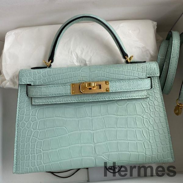 Hermes Kelly Mini II Sellier Handmade Bag In Vert D'eau Matte Alligator Leather Replica