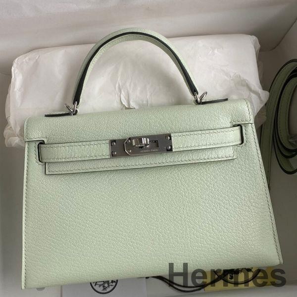 Hermes Kelly Mini II Sellier Handmade Bag In Vert Fizz Chevre Mysore Leather Replica
