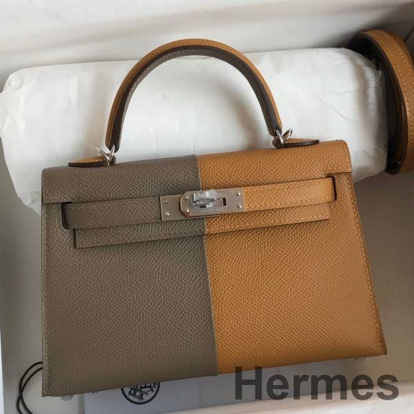 Hermes Kelly Mini II Sellier Tri-color Bag In Taupe/Sesame/Blue Nuit Epsom Calfskin Replica