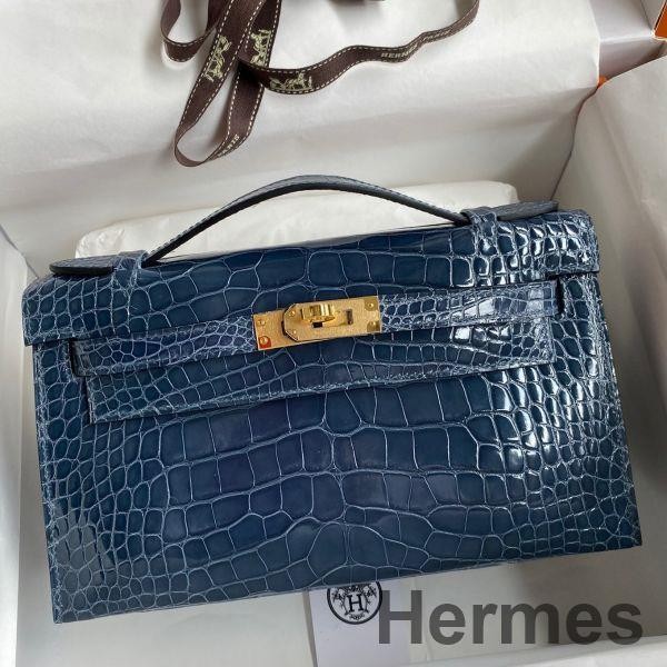 Hermes Kelly Pochette Handmade Bag In Vert Bosphore Shiny Alligator Leather Replica