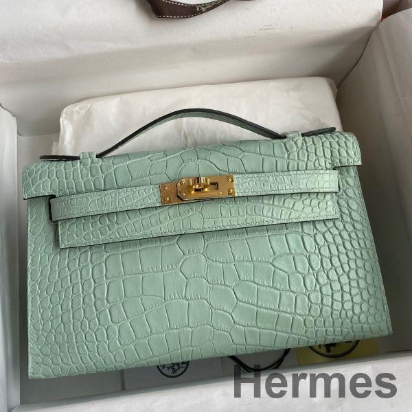 Hermes Kelly Pochette Handmade Bag In Vert D'eau Matte Alligator Leather Replica