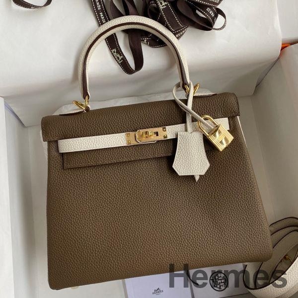 Hermes Kelly Retourne 25 Bicolor Bag in Taupe and Craie Clemence Calfskin Replica