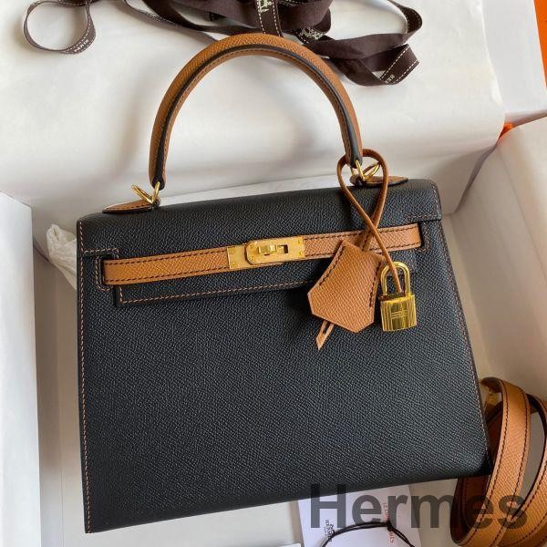 Hermes Kelly Sellier 25 Bicolor Bag in Black and Gold Epsom Calfskin Replica
