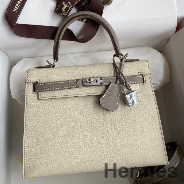 Hermes Kelly Sellier 25 Bicolor Bag in Craie and Gris Asphalt Epsom Calfskin Replica
